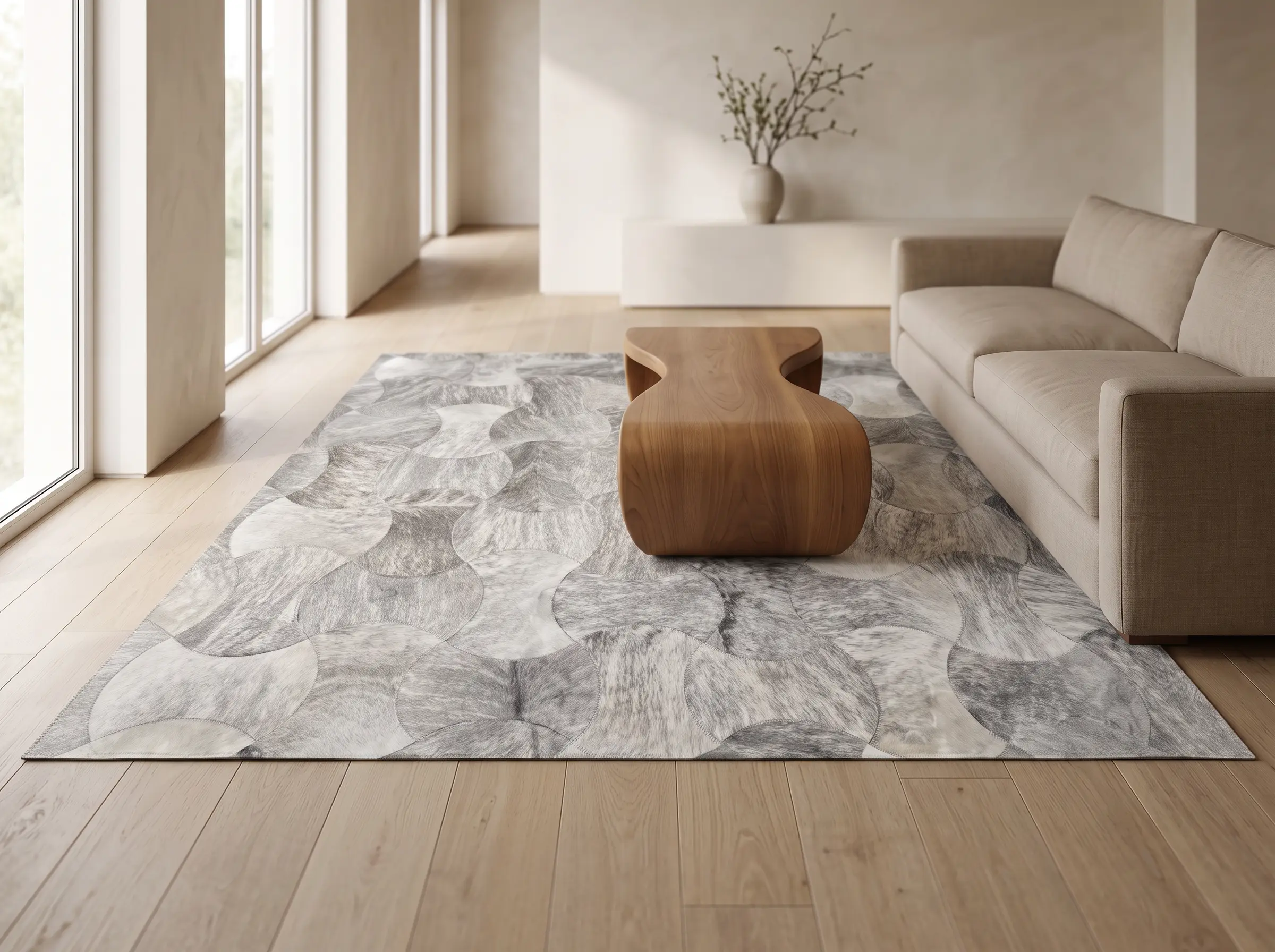Patchwork Cowhide Rugs | Genuine Hair-On Cowhide | Hualo Decor (CPR-RC-003) cowhide patchwork rug styled scene