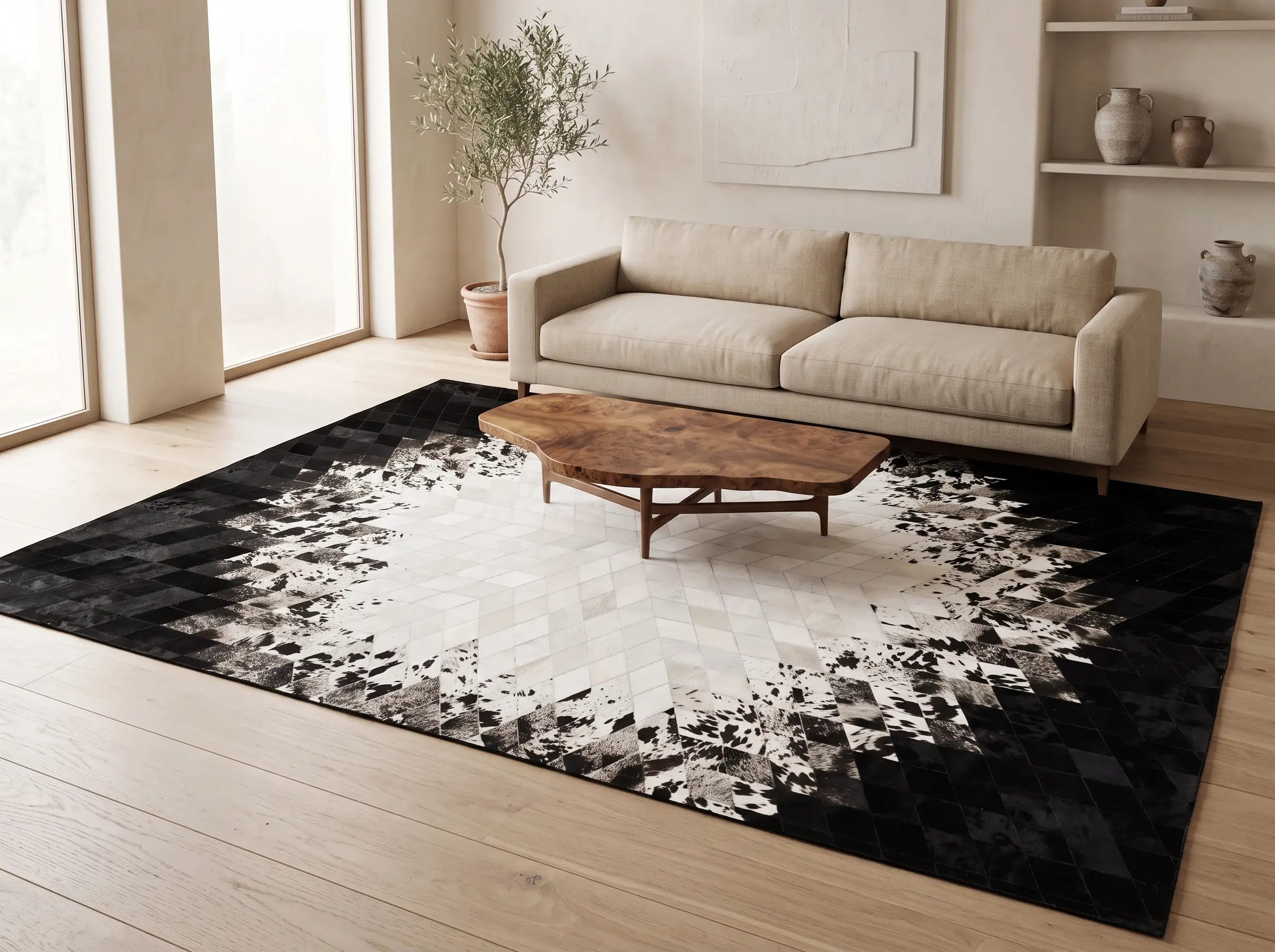 Genuine Patchwork Cowhide Rugs | Natural Hair-On Leather | Hualo Decor (CPR-RC-009) cowhide patchwork rug styled scene