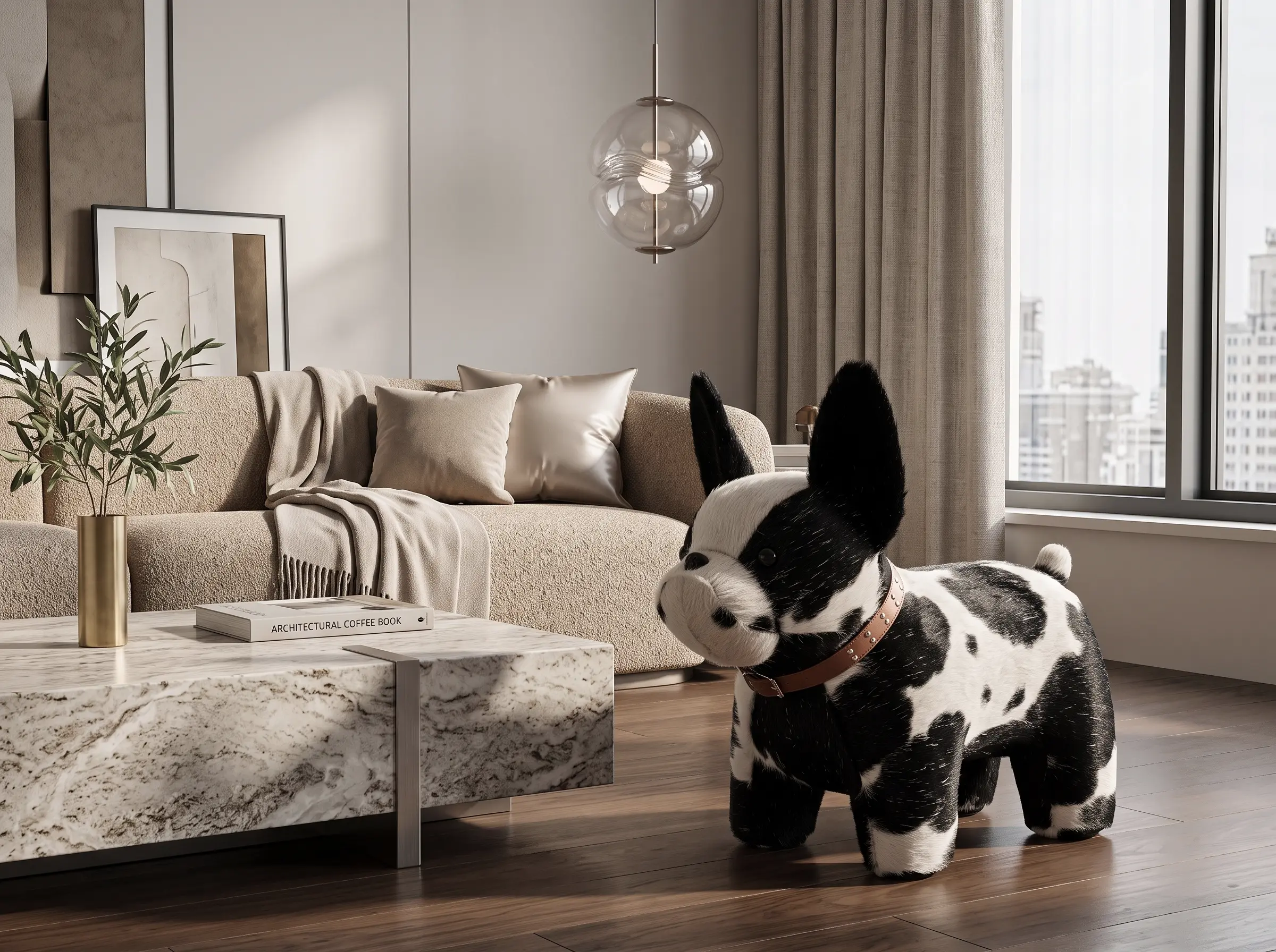 Custom Cowhide French Bulldog Ottoman Manufacturer | Bespoke B2B Ottoman | Hualo Decor (CPR-MD-002) cowhide patchwork rug styled scene