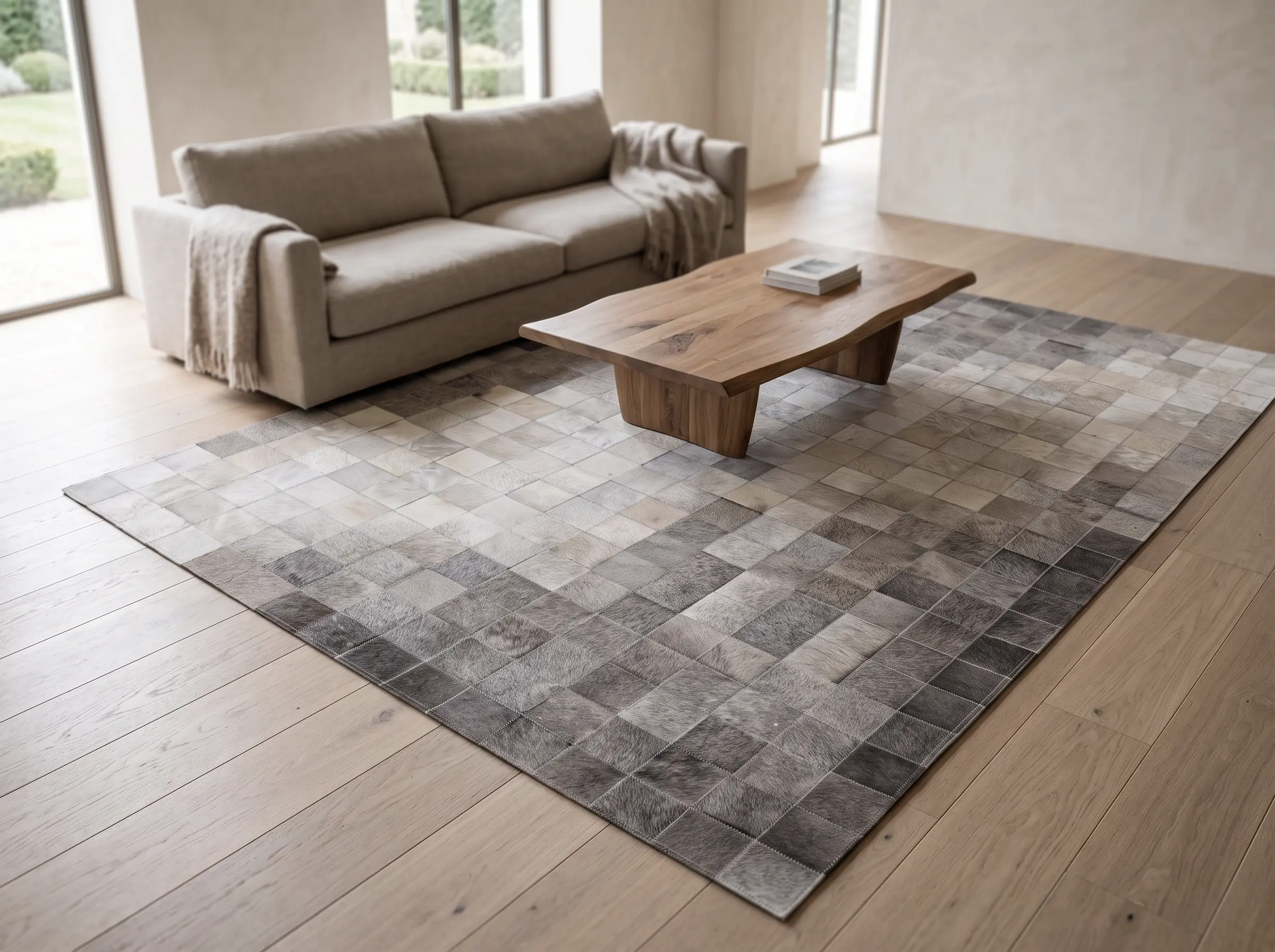 Genuine Patchwork Cowhide Rugs | Natural Hair-On Leather | Hualo Decor (CPR-RC-008) cowhide patchwork rug styled scene