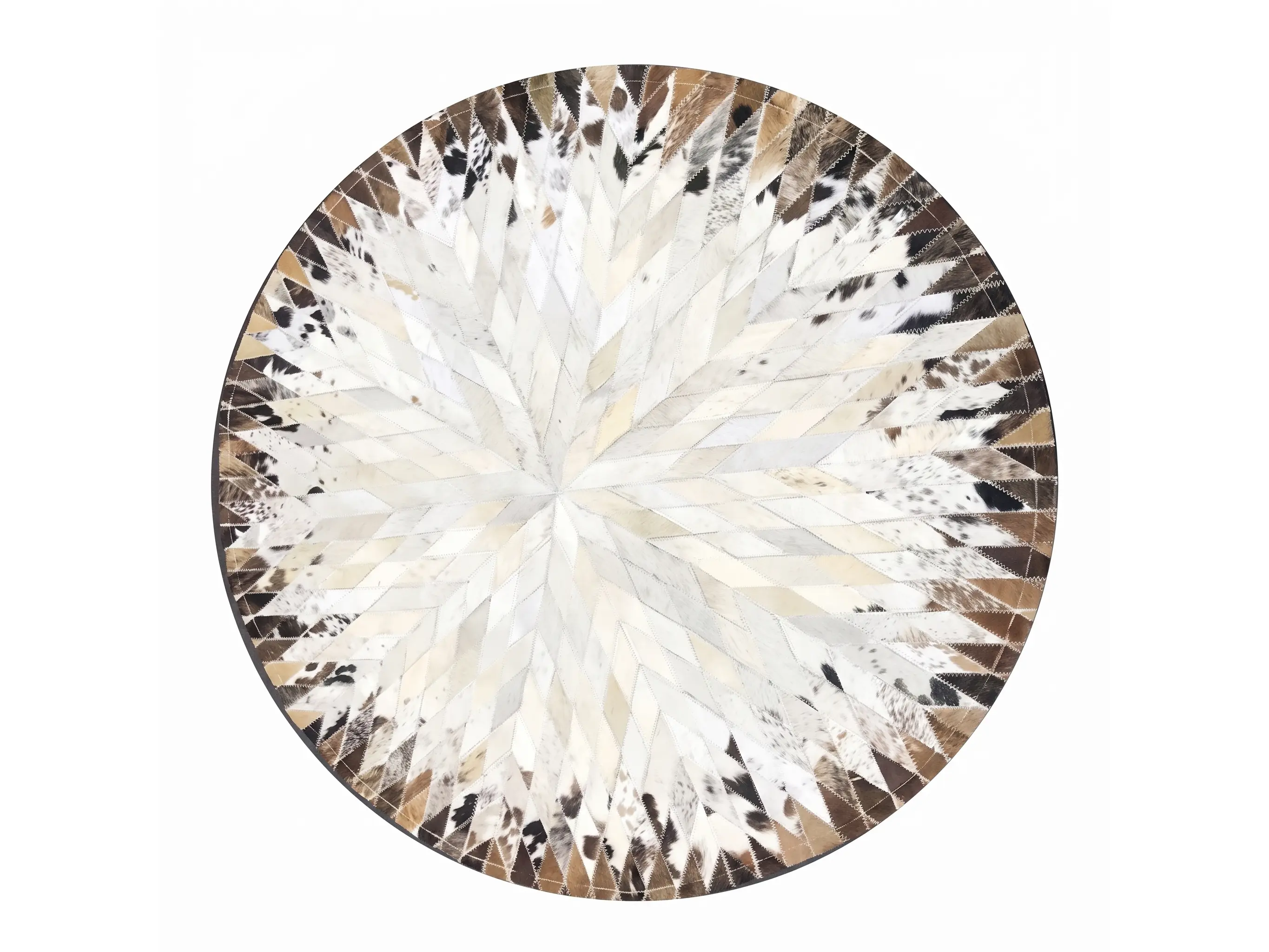 Wholesale Round Cowhide Rugs | B2B Trade Supply | Hualo Decor (CPR-RD-004) cowhide patchwork rug